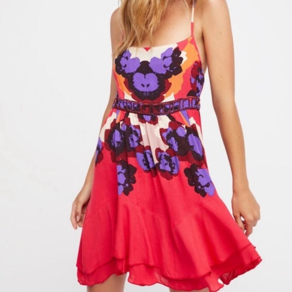 Free People Sweet Lucy Coral Red Print Mini Dress Size Small